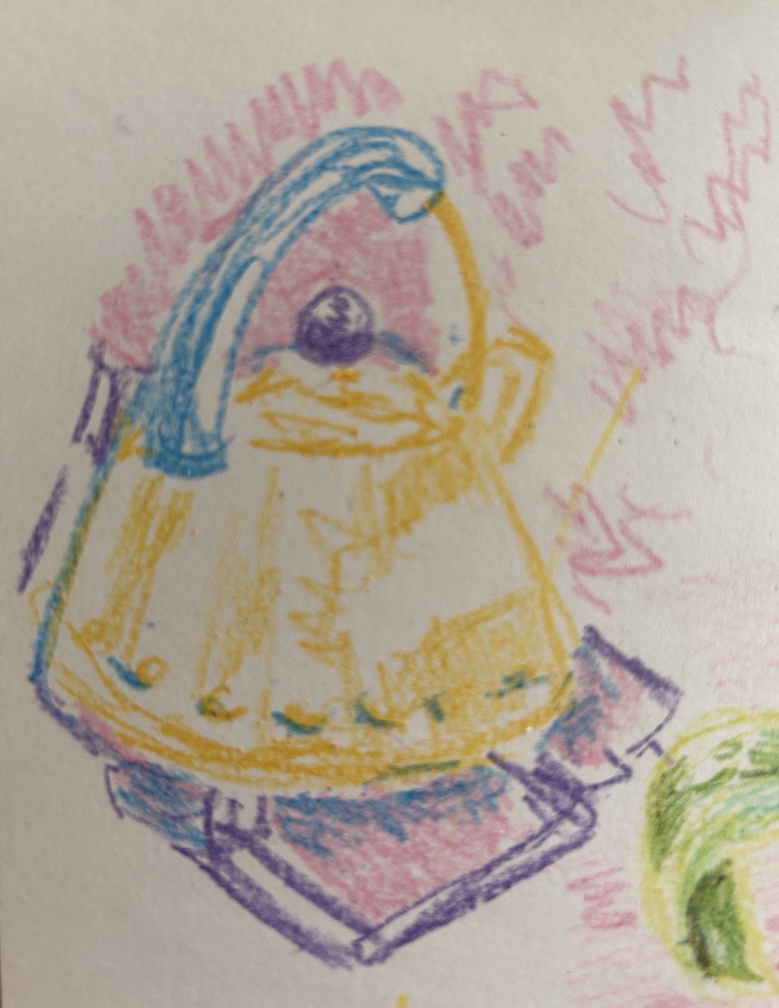 A teapot, steaming.